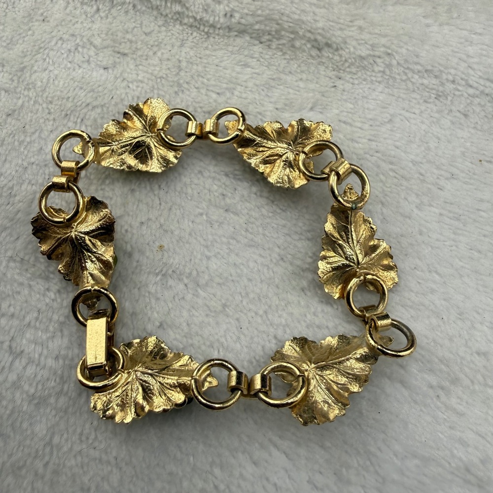 Vintage Bracelet Gold Green Glass Rose Leaf Link 6.5" - Picture 3 of 8